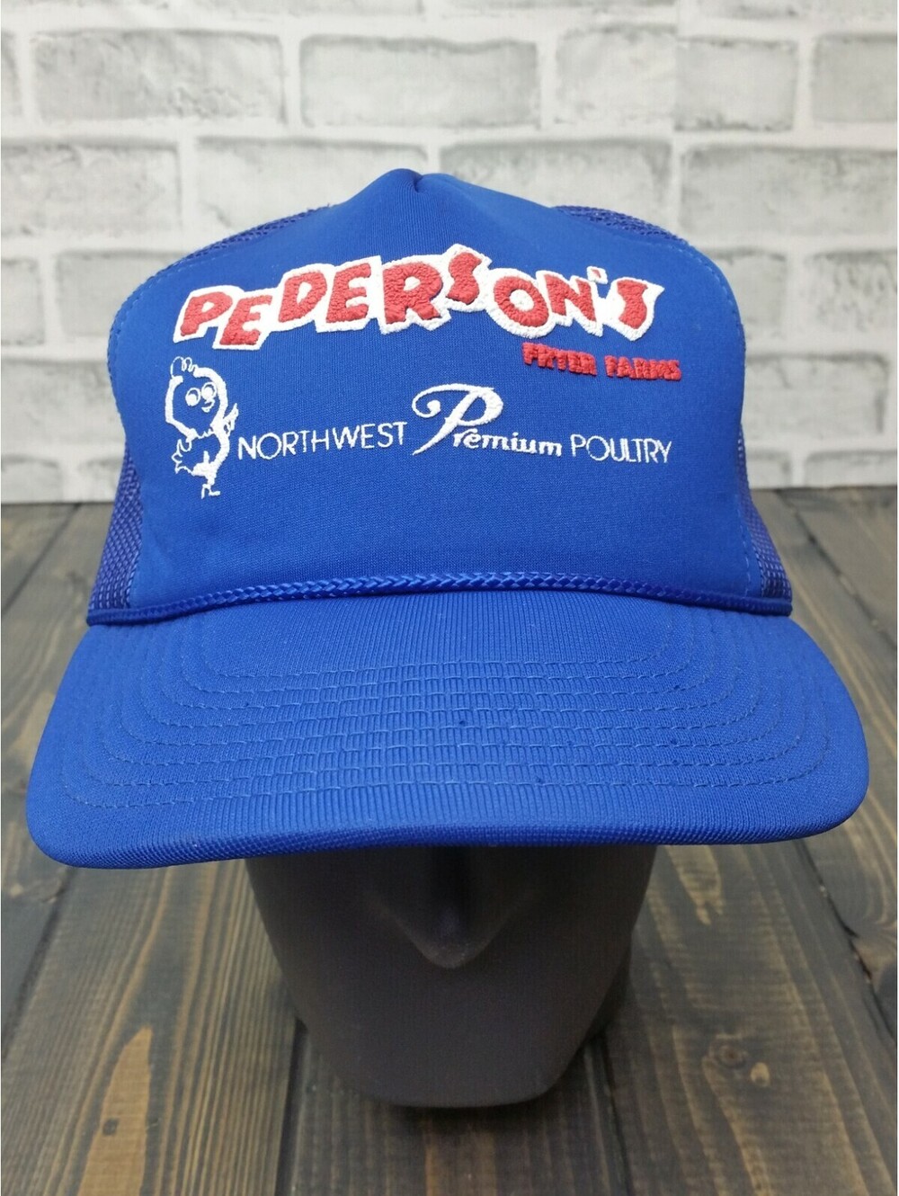 Vintage Pedersons Fryer Farms Blue Snapback Trucker Hat Meshback Cap Made In USA
